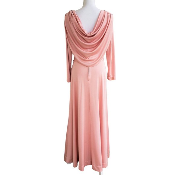 Vintage 70s Pale Pink Draping Long Sleeve Maxi Dress With Belt - Picture 3 of 9